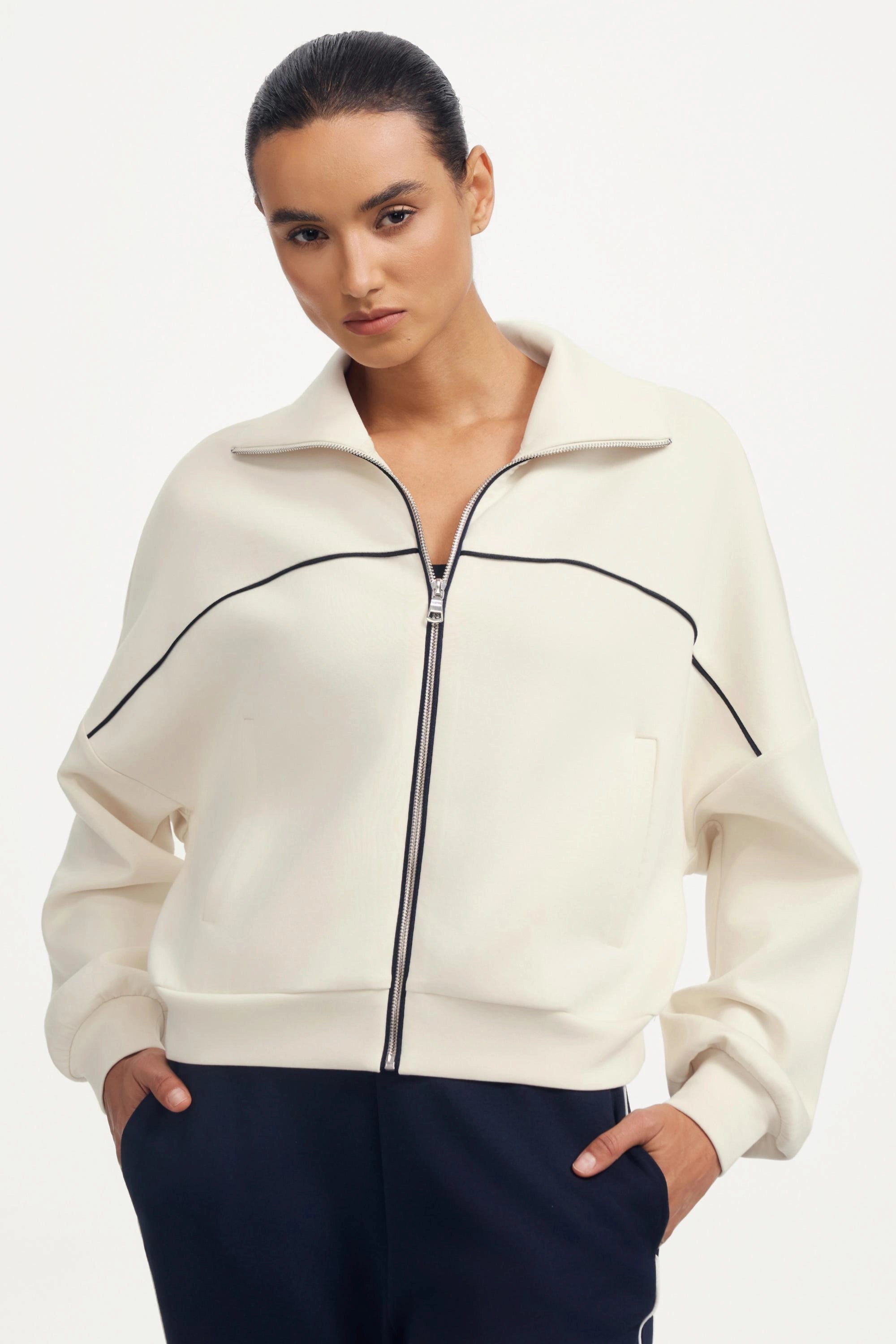 Emara Refined Track Jacket – Soft Ivory, Modal Wool | Familywear.com