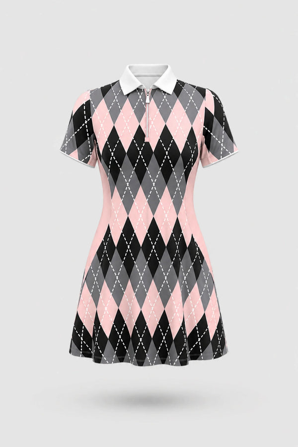 The Contour Zip Polo Golf Dress - Argyle