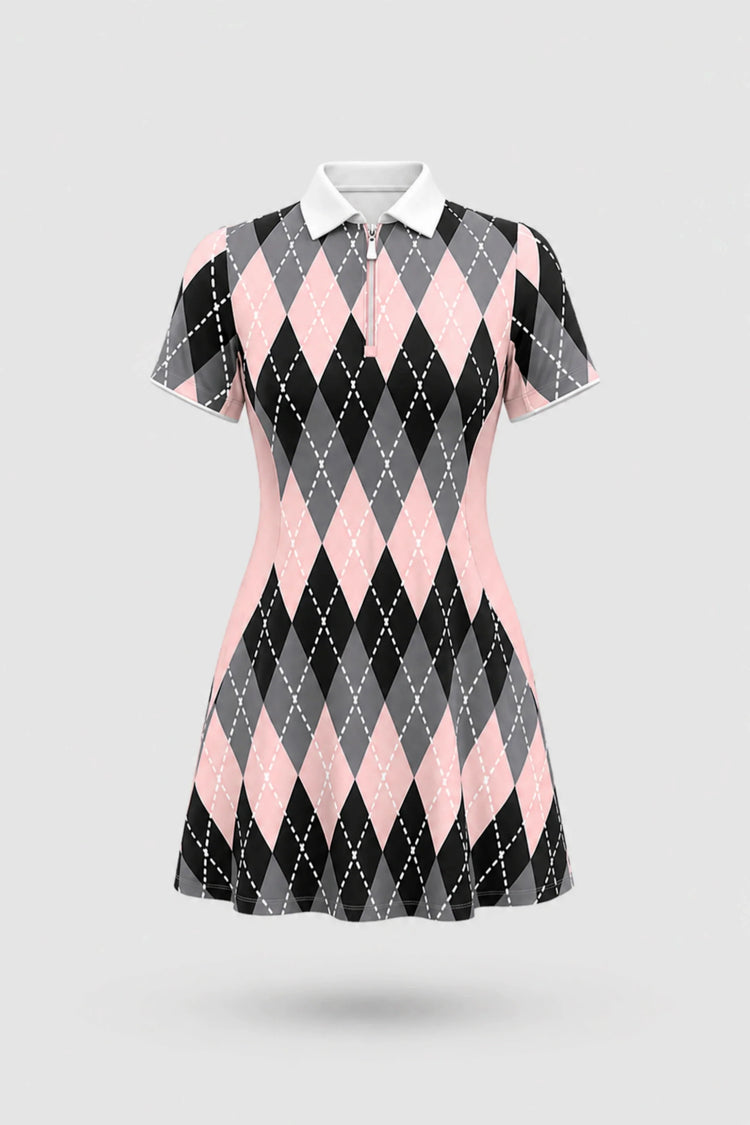 The Contour Zip Polo Golf Dress - Argyle