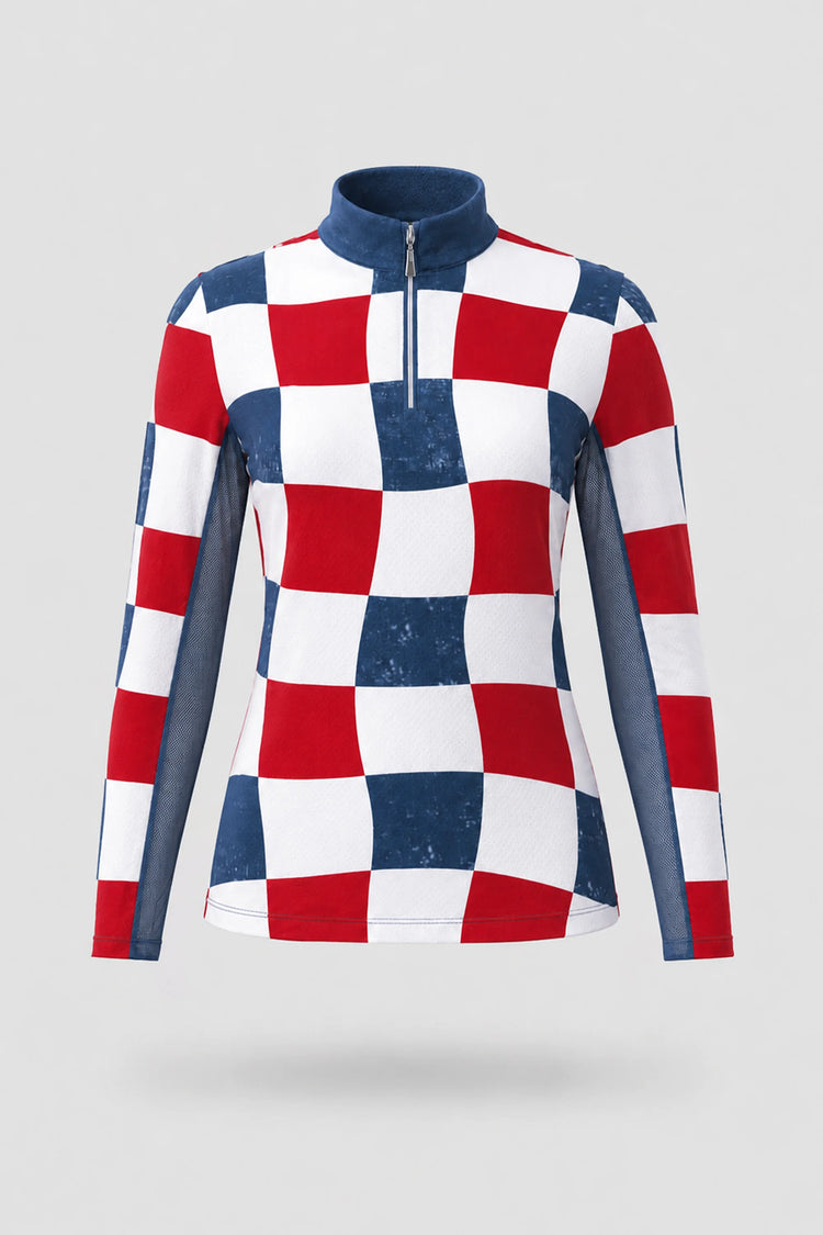 The Long Sleeve Zip Neck Golf Top - Liberty Check