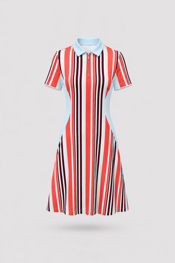The Contour Zip Polo Golf Dress - Resort Stripe
