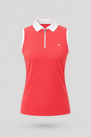 The Sleeveless Zip Neck Golf Polo - Coral Red