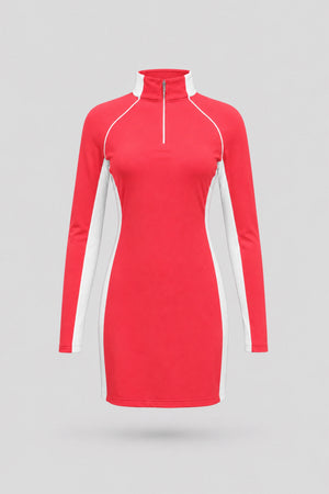 The Long Sleeve Zip Golf Dress - Coral Red