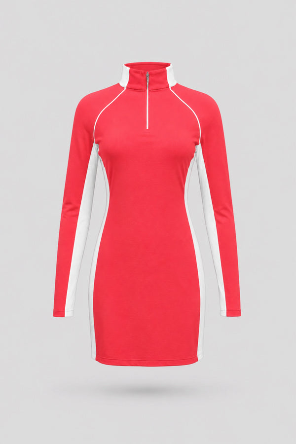 The Long Sleeve Zip Golf Dress - Coral Red