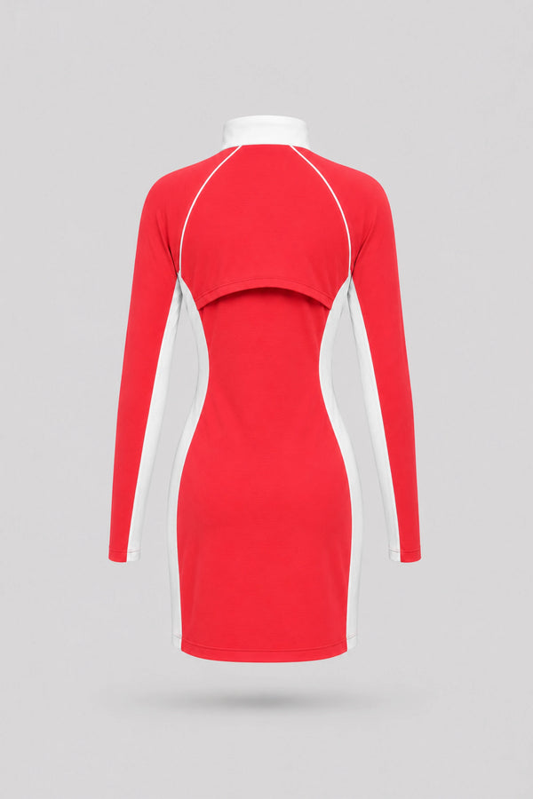 The Long Sleeve Zip Golf Dress - Coral Red