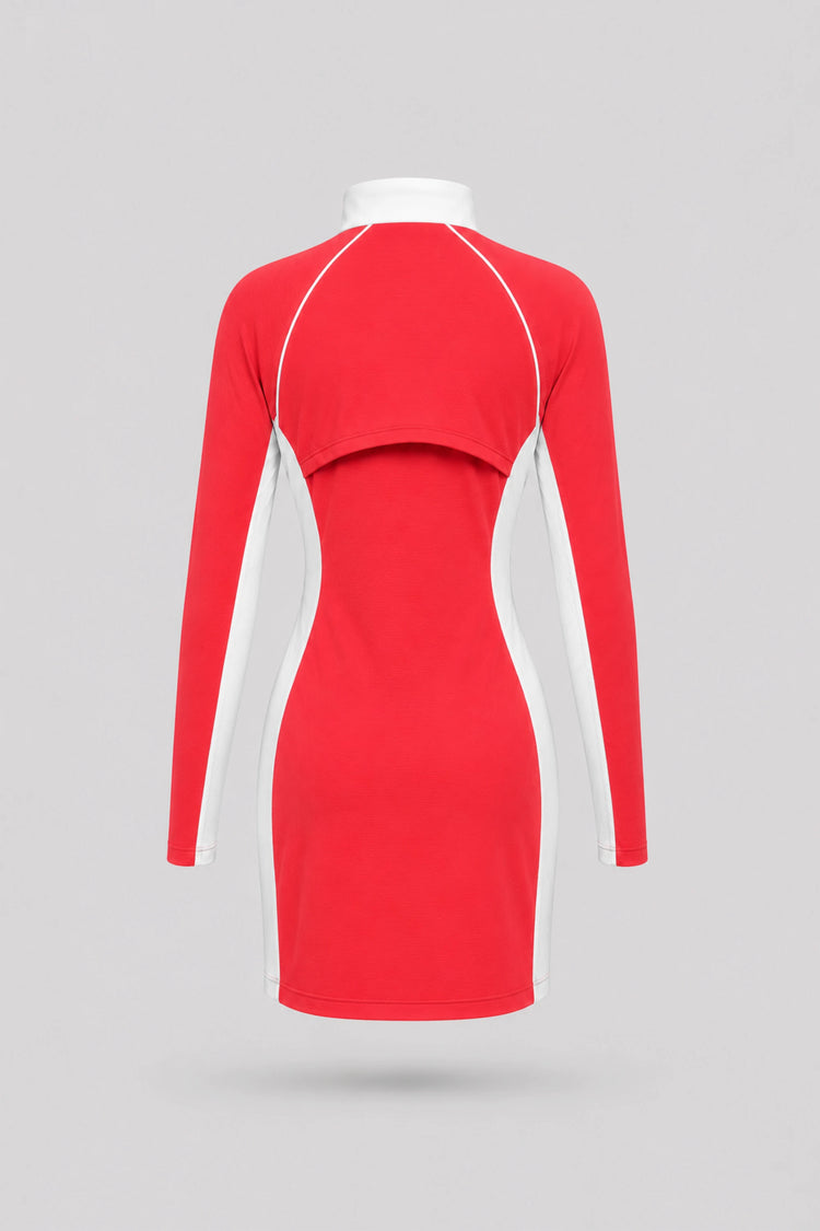 The Long Sleeve Zip Golf Dress - Coral Red