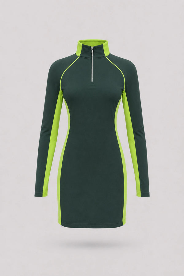 The Long Sleeve Zip Golf Dress - Evergreen