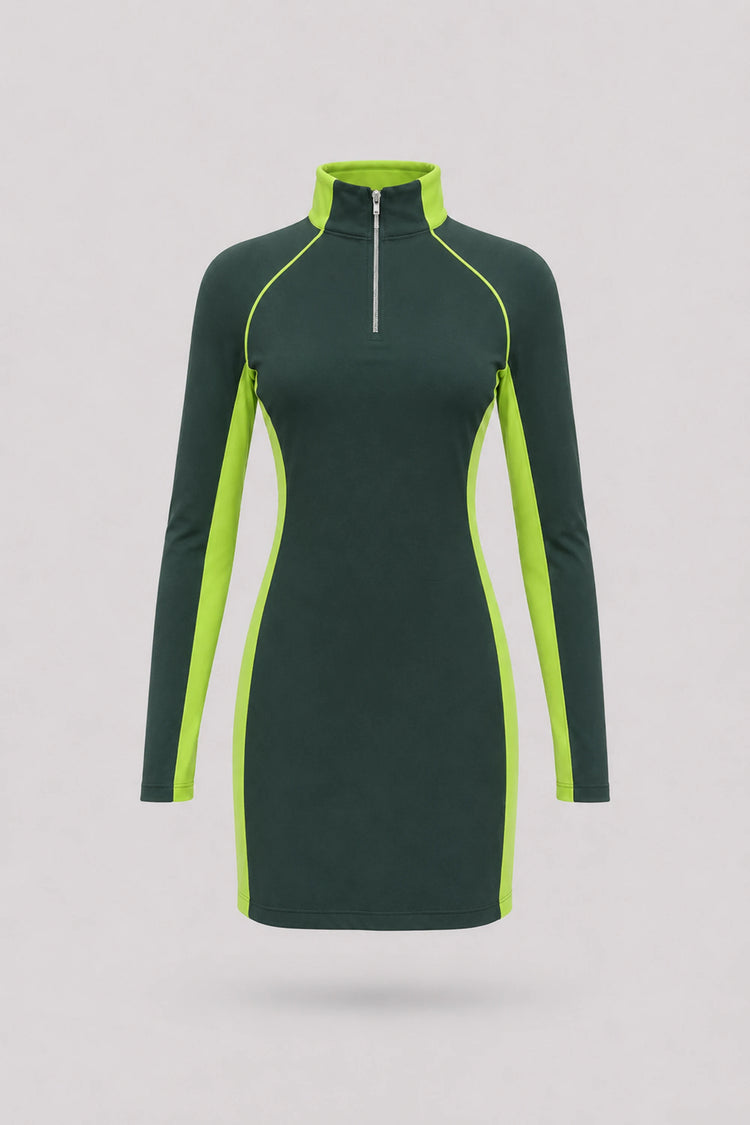 The Long Sleeve Zip Golf Dress - Evergreen