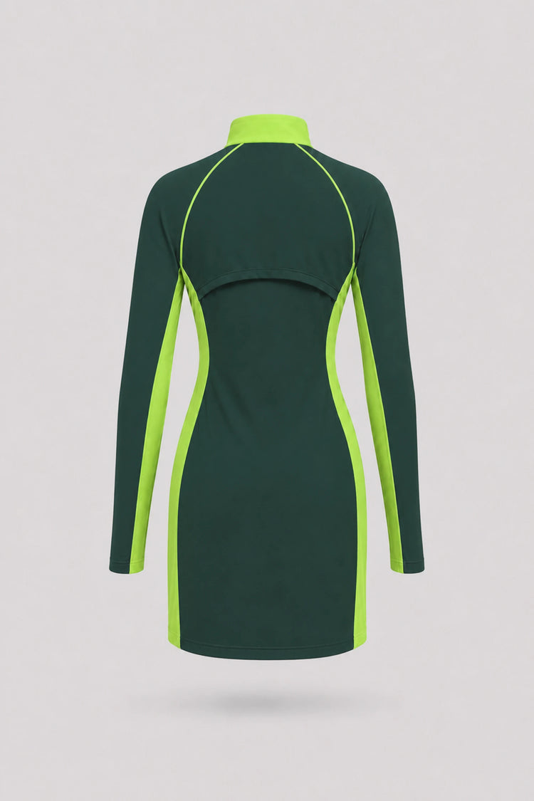 The Long Sleeve Zip Golf Dress - Evergreen