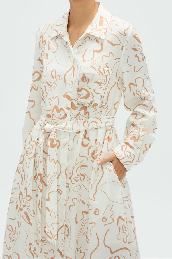 Women’s Belted Shirt Dress - Sand Bloom