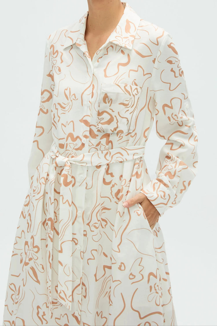 Women’s Belted Shirt Dress - Sand Bloom