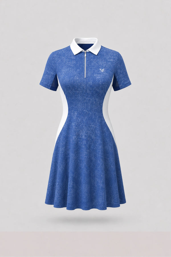 The Contour Zip Polo Golf Dress - Vintage Blue