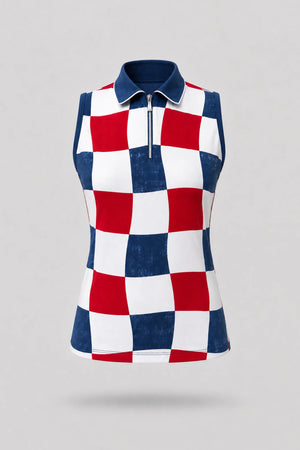 The Sleeveless Zip Neck Golf Polo - Liberty Check