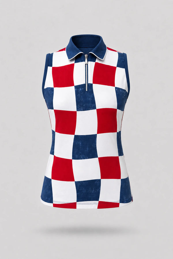 The Sleeveless Zip Neck Golf Polo - Liberty Check