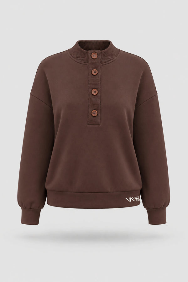 Mock Neck Henley Sweatshirt - Rich Cocoa