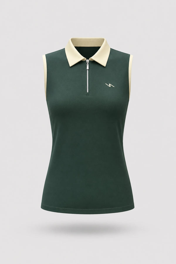 The Sleeveless Zip Neck Golf Polo - Evergreen