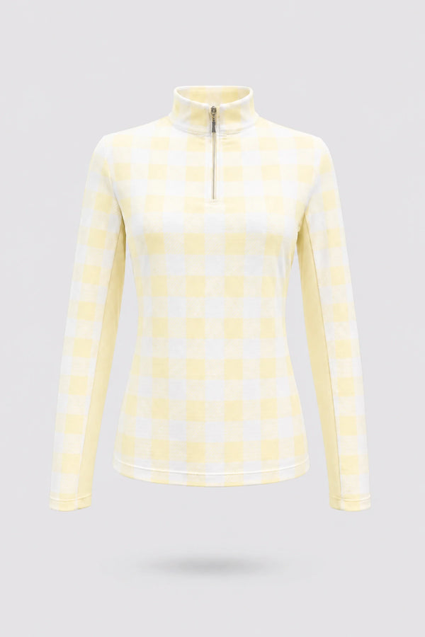 The Long Sleeve Zip Neck Golf Top - Yellow Gingham