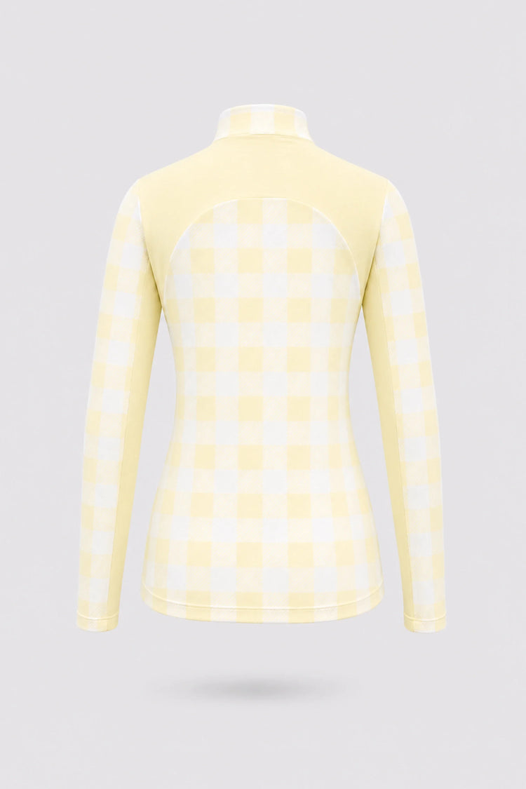 The Long Sleeve Zip Neck Golf Top - Yellow Gingham