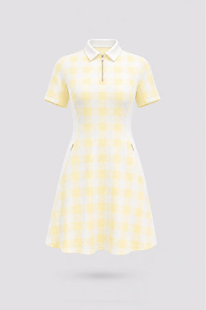 The Contour Zip Polo Golf Dress - Yellow Gingham