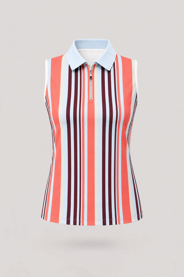 The Sleeveless Zip Neck Golf Polo - Resort Stripe
