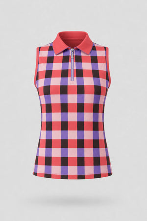 The Sleeveless Zip Neck Golf Polo - Match Plaid
