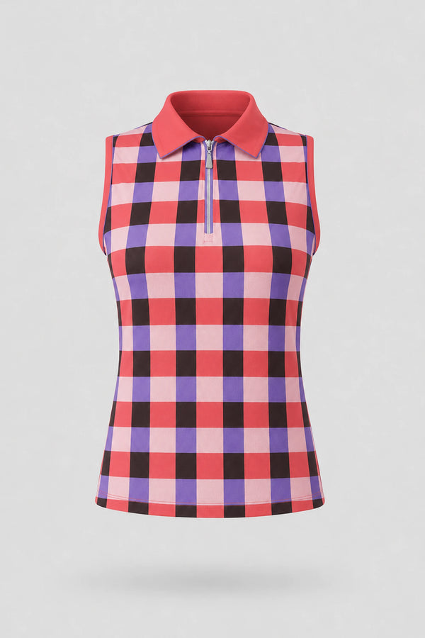 The Sleeveless Zip Neck Golf Polo - Match Plaid