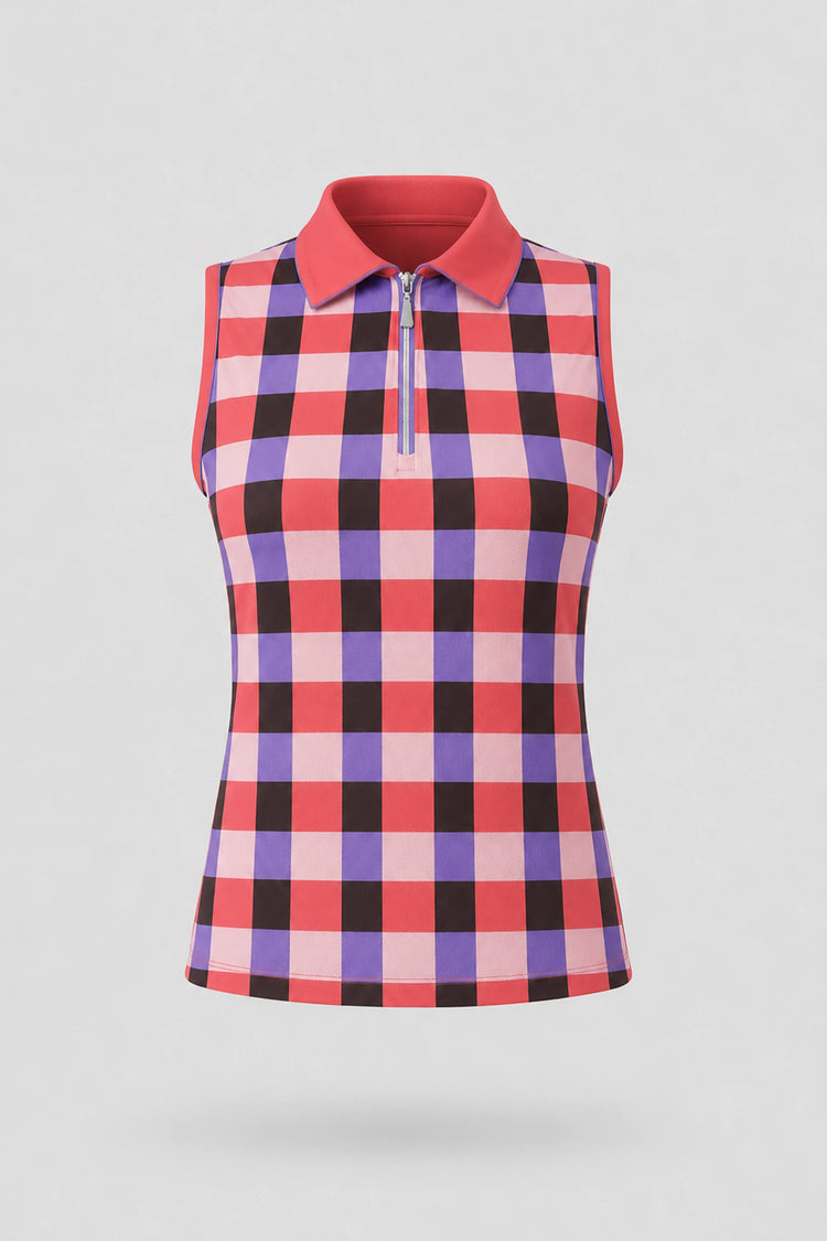 The Sleeveless Zip Neck Golf Polo - Match Plaid
