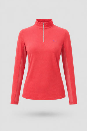 The Long Sleeve Zip Neck Golf Top - Coral Red