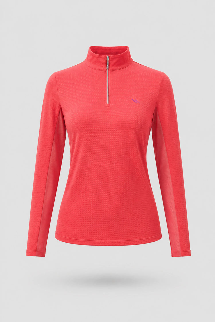 The Long Sleeve Zip Neck Golf Top - Coral Red
