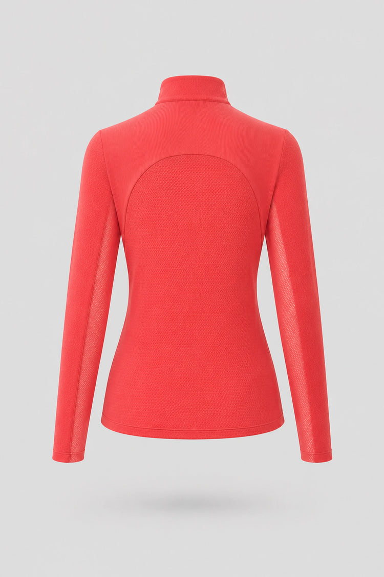 The Long Sleeve Zip Neck Golf Top - Coral Red