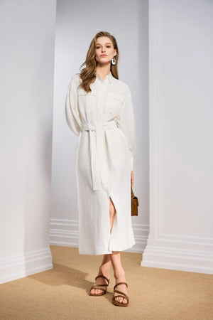 Women's Linen-Blend Tie-Waist Shirt Dress