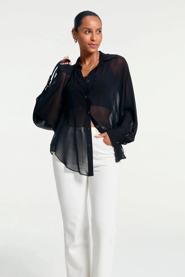 Women’s Silk Sheer Oversized Button-Down - Onyx Black