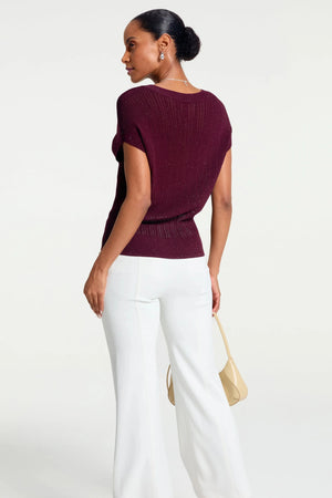 Women’s Sparkle Ribbed Knit V-Neck Top - Merlot