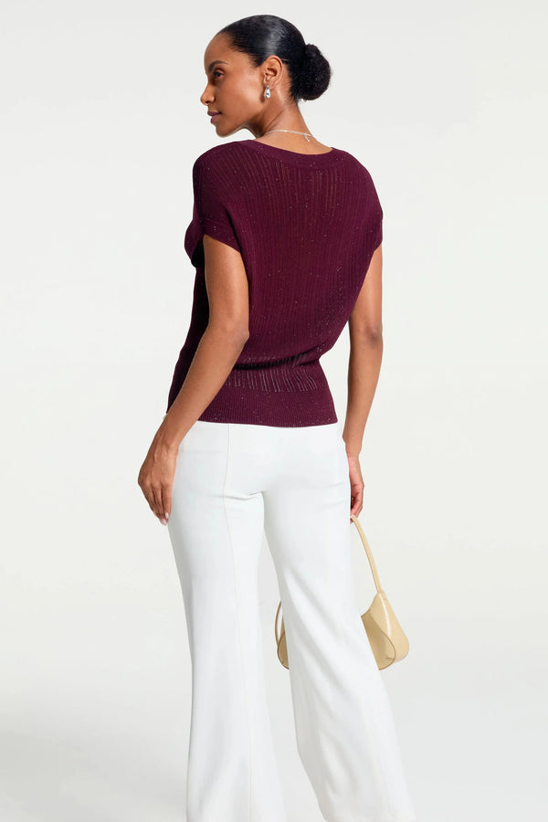 Women’s Sparkle Ribbed Knit V-Neck Top - Merlot