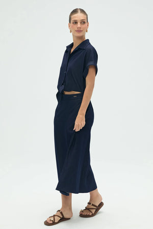 Women’s Coastal Set: Relaxed Button-Up Shirt & Flow Midi Skirt - Deep Navy
