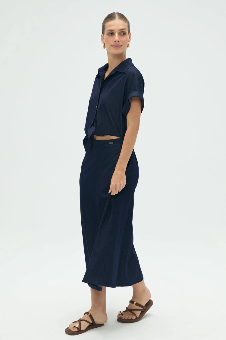 Women’s Coastal Set: Relaxed Button-Up Shirt & Flow Midi Skirt - Deep Navy