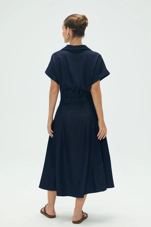 Women’s Coastal Set: Relaxed Button-Up Shirt & Flow Midi Skirt - Deep Navy