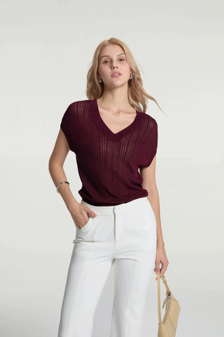 Women’s Sparkle Ribbed Knit V-Neck Top - Merlot