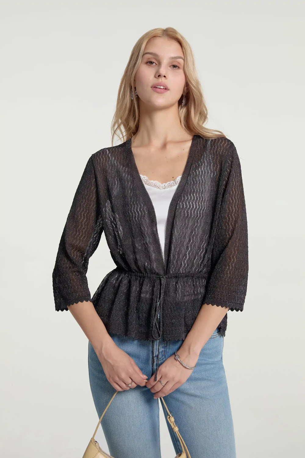 Women’s Textured Peplum Cardigan - Shadow Black