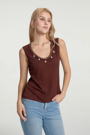 Women’s Charm-Embellished Knit Tank - Cocoa Shell