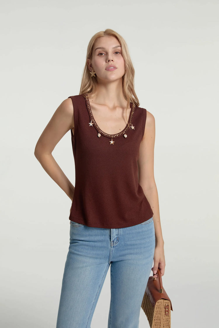 Women’s Charm-Embellished Knit Tank - Cocoa Shell