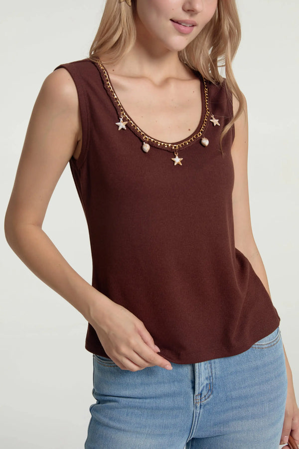 Women’s Charm-Embellished Knit Tank - Cocoa Shell