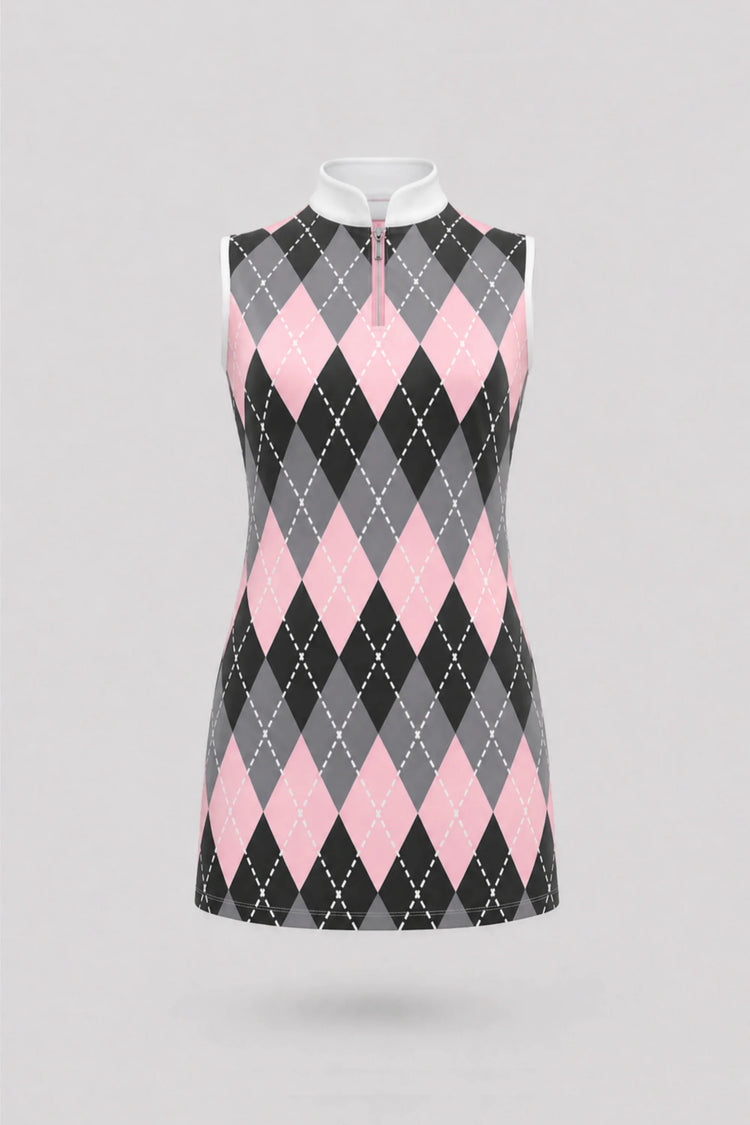 The Sleeveless Zip Golf Dress - Argyle
