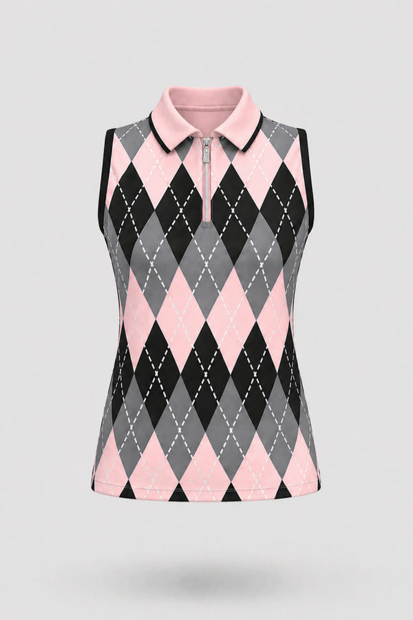 The Sleeveless Zip Neck Golf Polo - Argyle