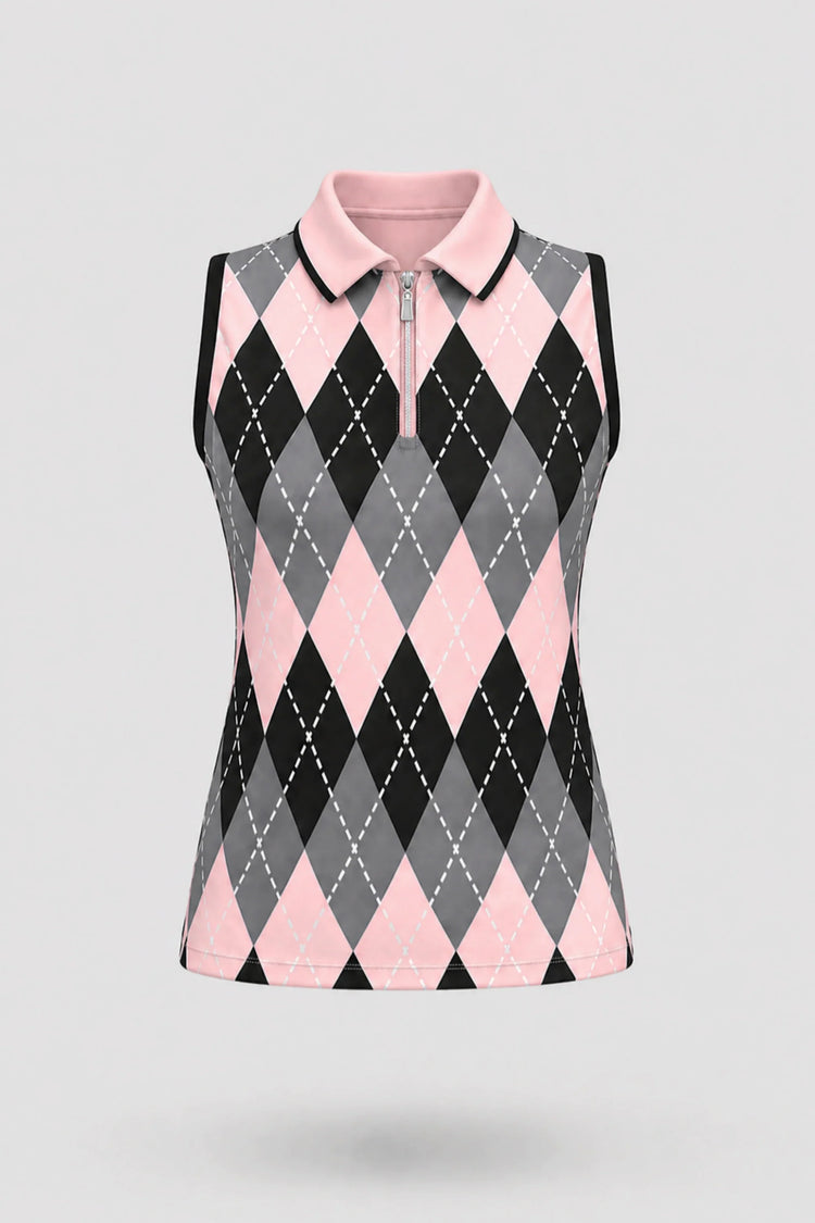 The Sleeveless Zip Neck Golf Polo - Argyle