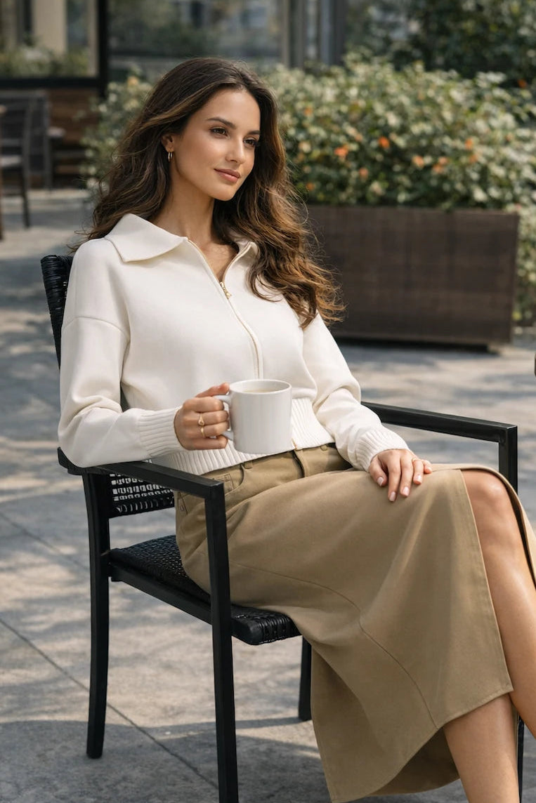 The Zip-Front Knit Jacket - Soft Sand