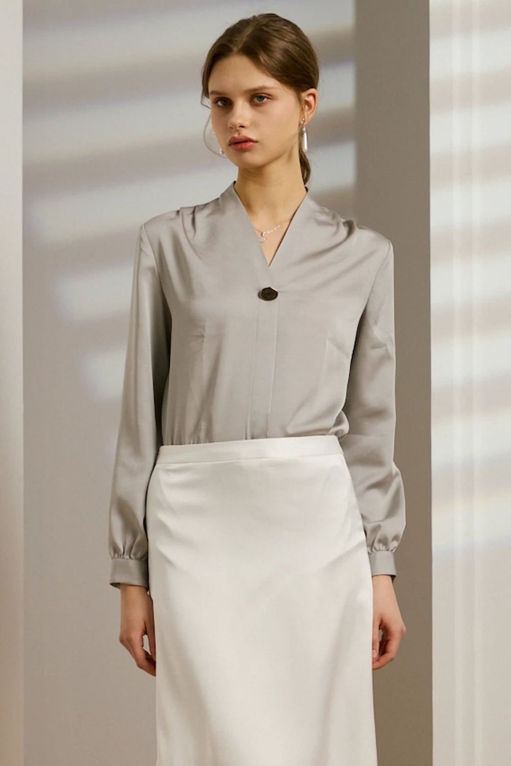 Women's Pleated Shoulder V-Neck Blouse