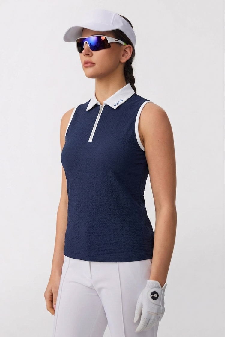 The Sleeveless Zip Neck Golf Polo - Navy