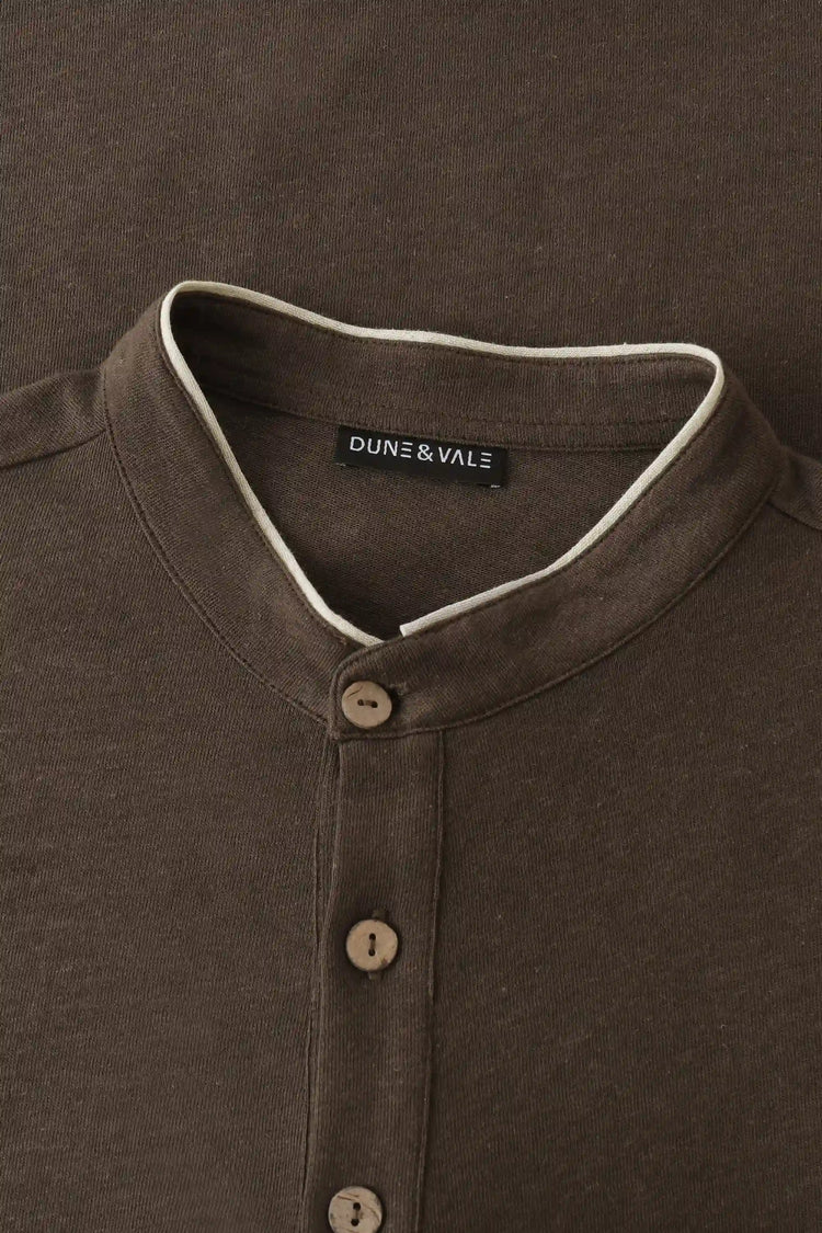 Men’s Cotton Linen Button-Neck Henley - Espresso