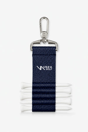 Weza Golf tee clip with blue strap and golf tees on a white background